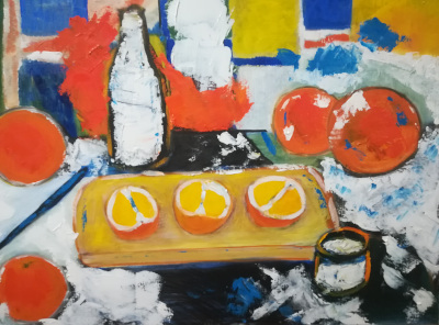 Картина "Натюрморт с апельсинами и бутылкой молока", автор Алексей Береговой